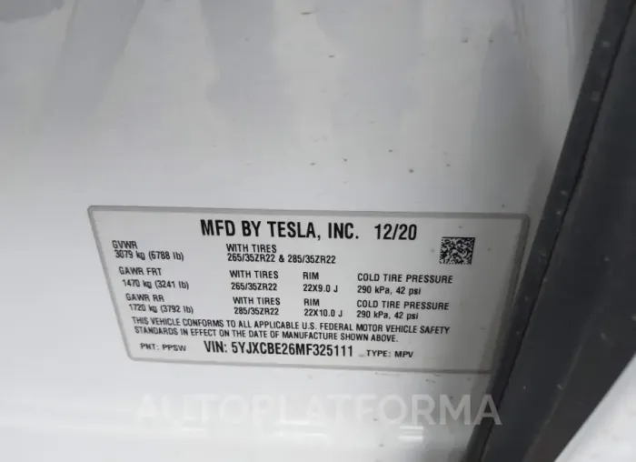 TESLA MODEL X 2021 vin 5YJXCBE26MF325111 from auto auction Iaai