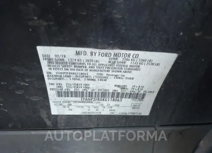 FORD TAURUS 2019 vin 1FAHP2F8XKG118063 from auto auction Iaai