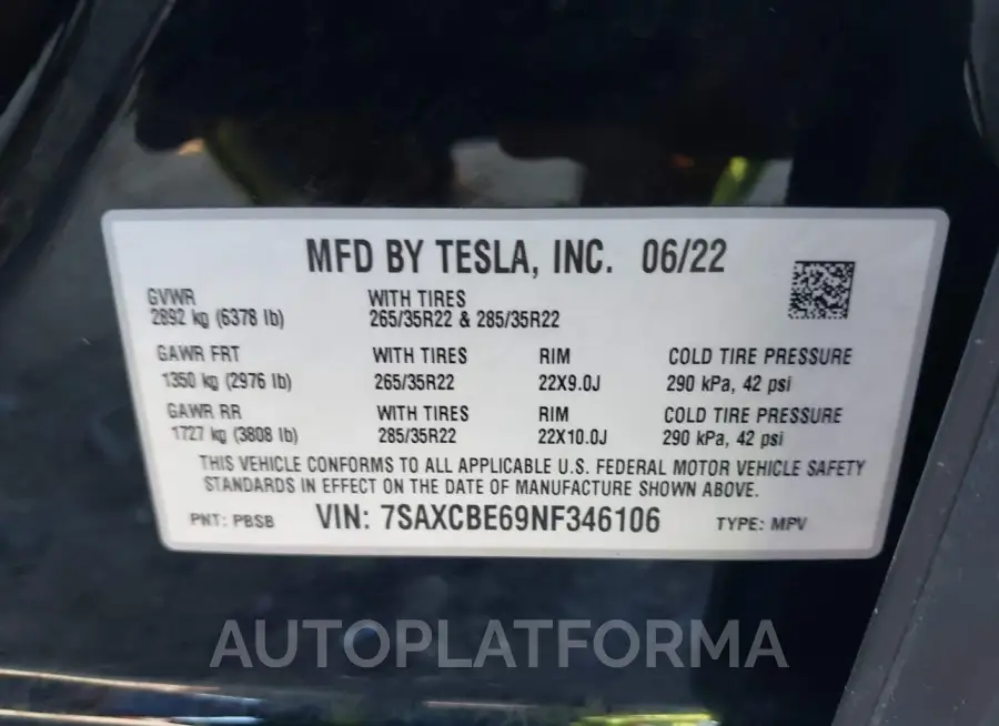 TESLA MODEL X 2022 vin 7SAXCBE69NF346106 from auto auction Iaai