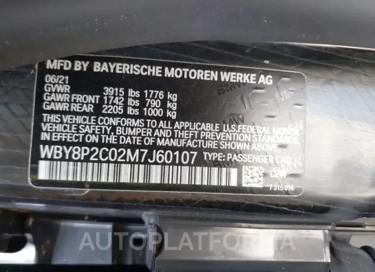 BMW I3 2021 vin WBY8P2C02M7J60107 from auto auction Iaai