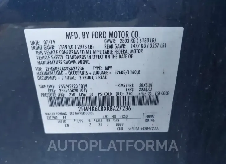 FORD FLEX 2019 vin 2FMHK6C8XKBA27236 from auto auction Iaai