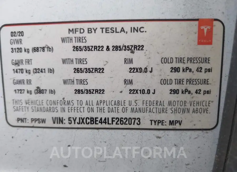 TESLA MODEL X 2020 vin 5YJXCBE44LF262073 from auto auction Iaai