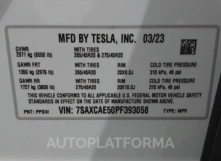 TESLA MODEL X 2023 vin 7SAXCAE50PF393058 from auto auction Iaai