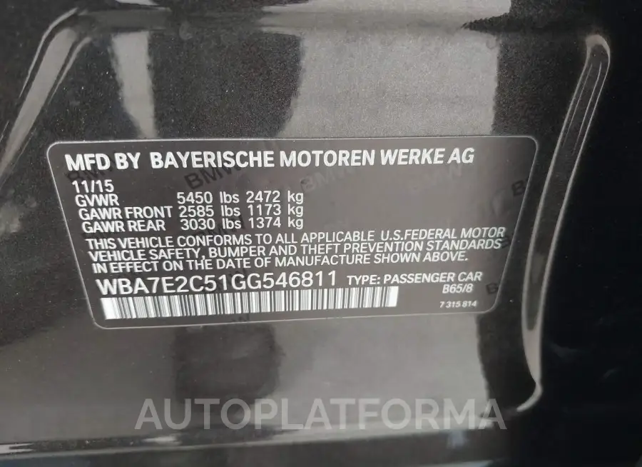 BMW 740I 2016 vin WBA7E2C51GG546811 from auto auction Iaai