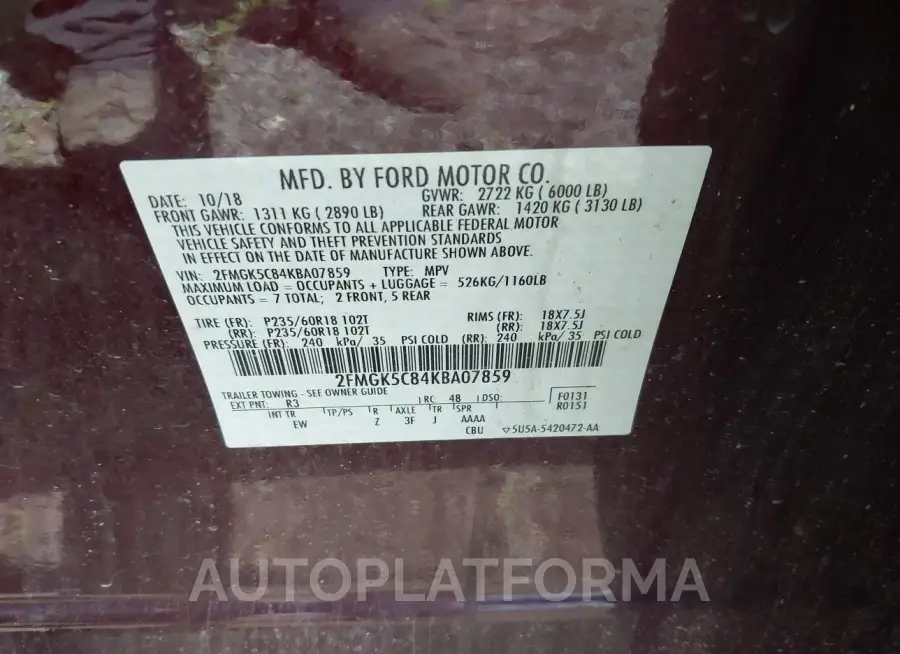 FORD FLEX 2019 vin 2FMGK5C84KBA07859 from auto auction Iaai