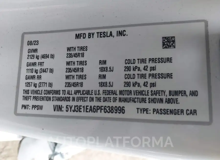 TESLA MODEL 3 2023 vin 5YJ3E1EA6PF638996 from auto auction Iaai