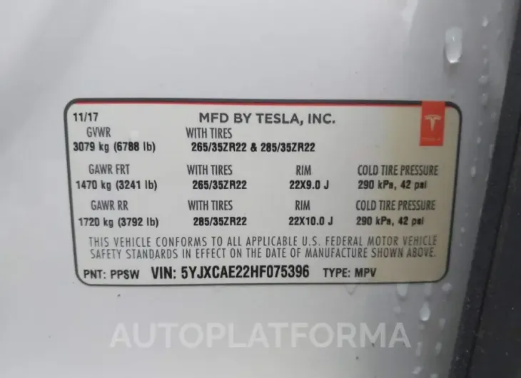 TESLA MODEL X 2017 vin 5YJXCAE22HF075396 from auto auction Iaai