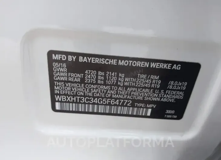 BMW X1 2016 vin WBXHT3C34G5F64772 from auto auction Iaai