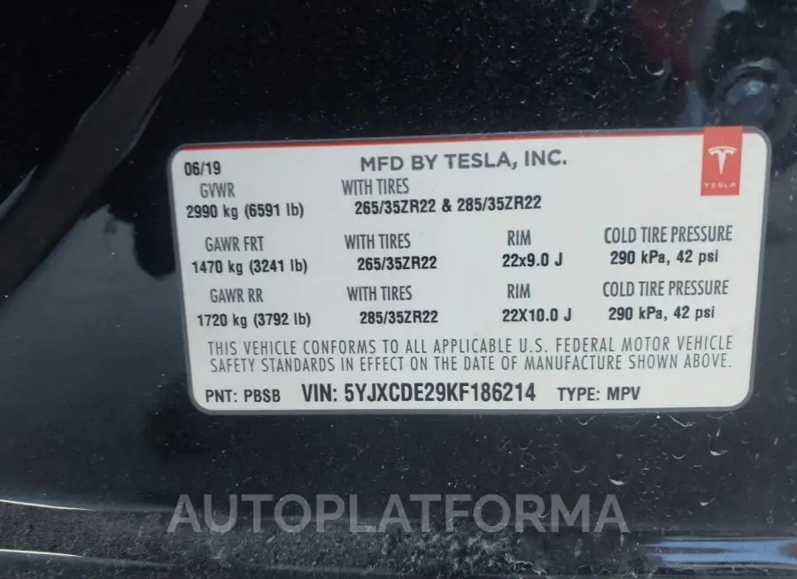 TESLA MODEL X 2019 vin 5YJXCDE29KF186214 from auto auction Iaai