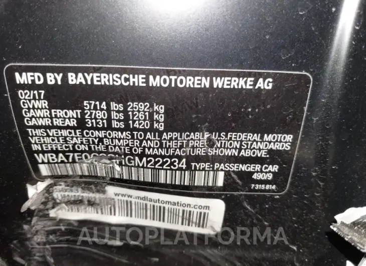 BMW 750I 2017 vin WBA7F0C33HGM22234 from auto auction Iaai