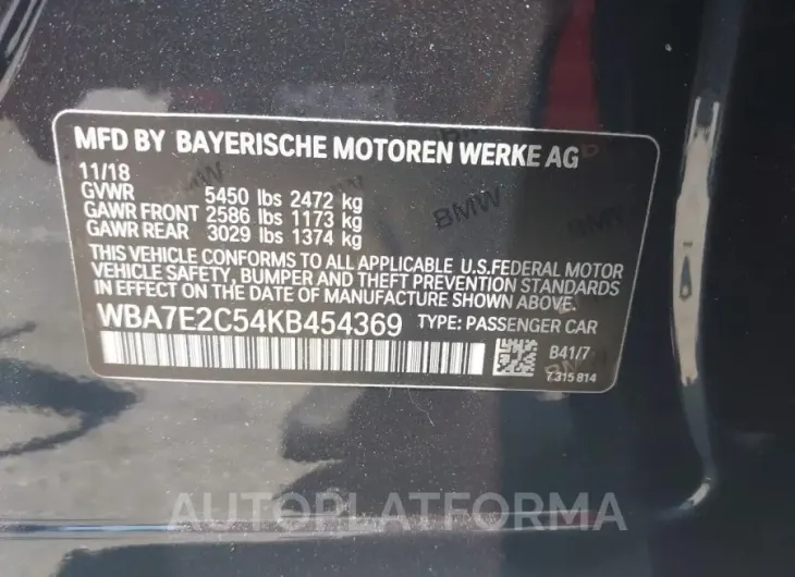 BMW 740I 2019 vin WBA7E2C54KB454369 from auto auction Iaai