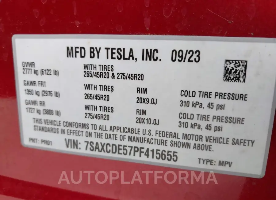 TESLA MODEL X 2023 vin 7SAXCDE57PF415655 from auto auction Iaai