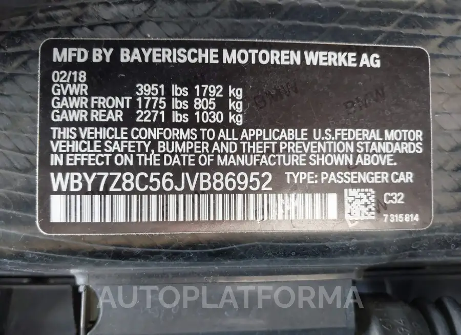 BMW I3S 2018 vin WBY7Z8C56JVB86952 from auto auction Iaai