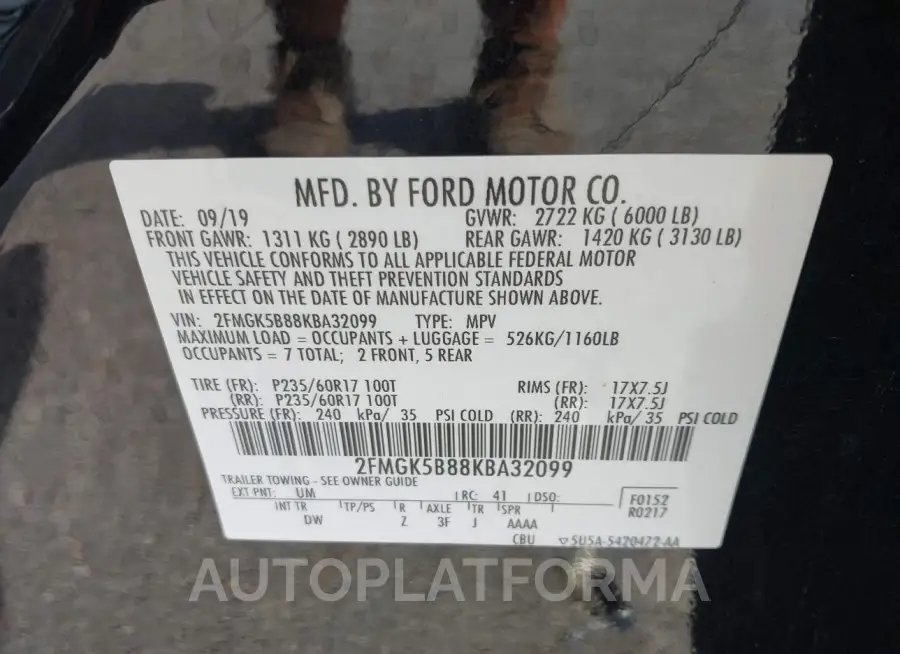 FORD FLEX 2019 vin 2FMGK5B88KBA32099 from auto auction Iaai