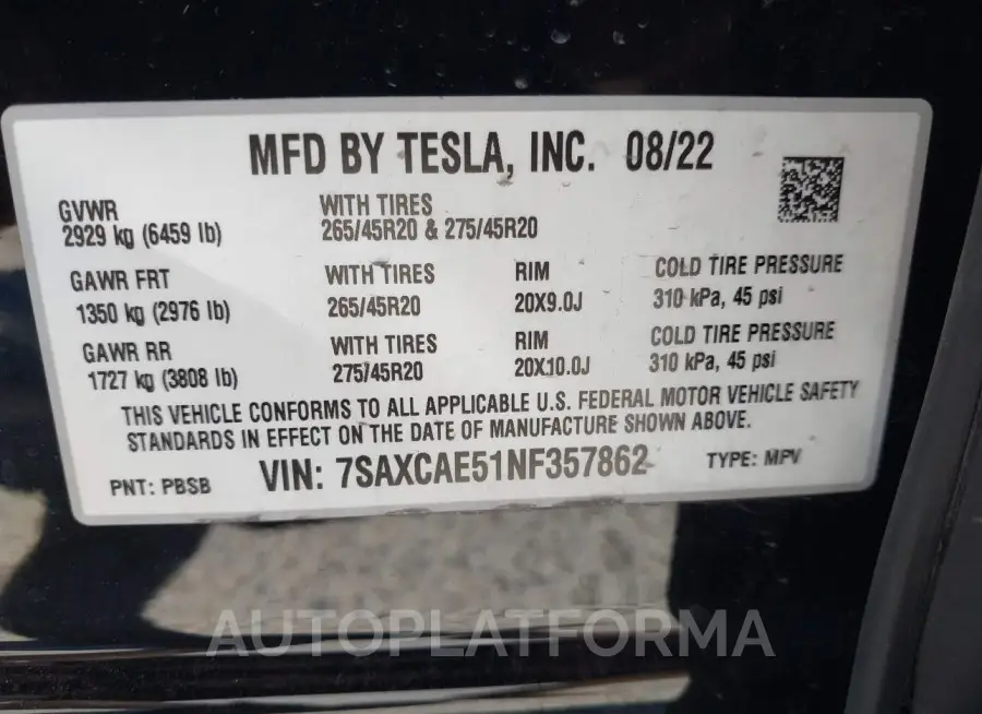 TESLA MODEL X 2022 vin 7SAXCAE51NF357862 from auto auction Iaai