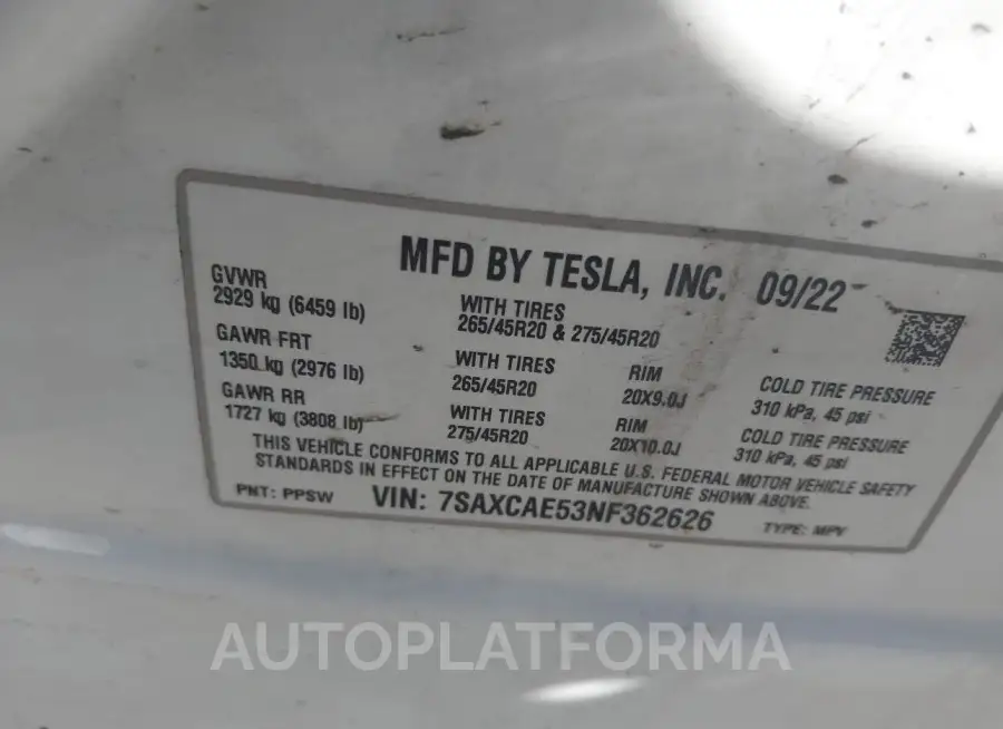 TESLA MODEL X 2022 vin 7SAXCAE53NF362626 from auto auction Iaai