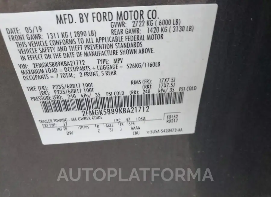 FORD FLEX 2019 vin 2FMGK5B89KBA21712 from auto auction Iaai