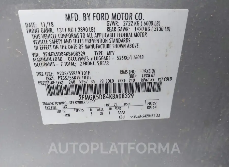 FORD FLEX 2019 vin 2FMGK5D84KBA08329 from auto auction Iaai