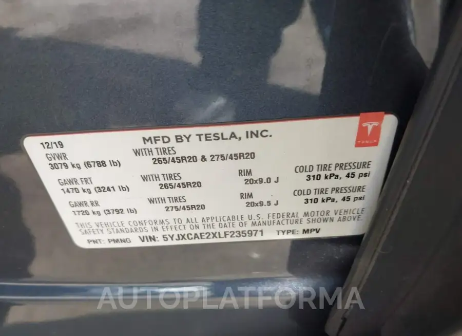 TESLA MODEL X 2020 vin 5YJXCAE2XLF235971 from auto auction Iaai