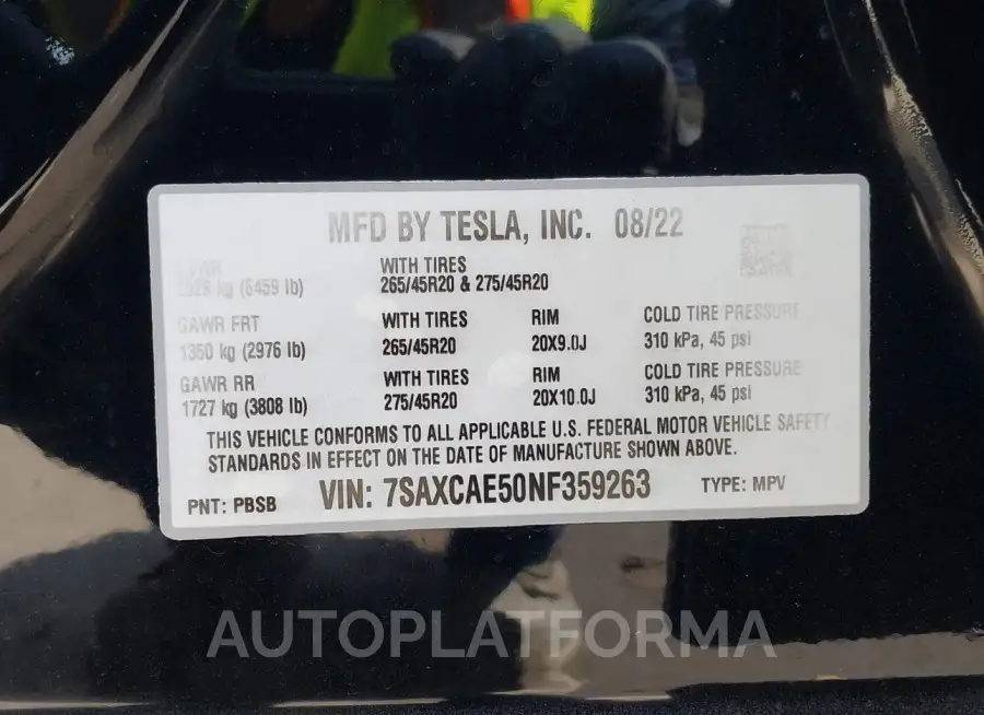 TESLA MODEL X 2022 vin 7SAXCAE50NF359263 from auto auction Iaai