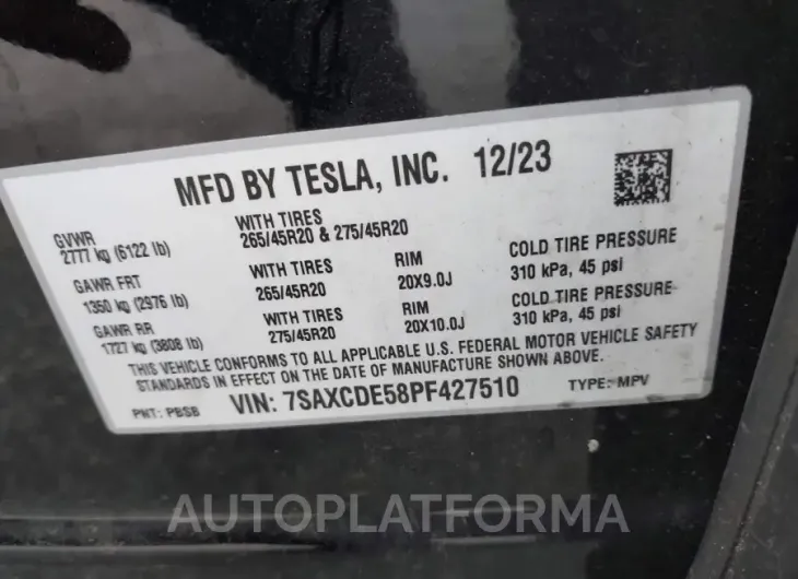 TESLA MODEL X 2023 vin 7SAXCDE58PF427510 from auto auction Iaai