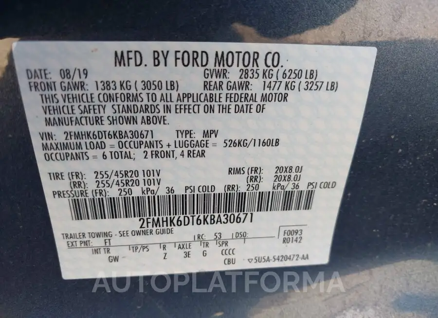 FORD FLEX 2019 vin 2FMHK6DT6KBA30671 from auto auction Iaai