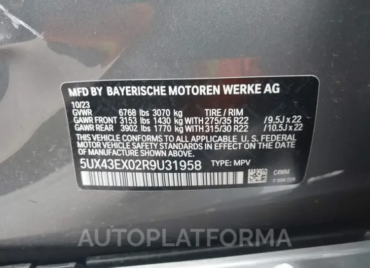 BMW X6 2024 vin 5UX43EX02R9U31958 from auto auction Iaai