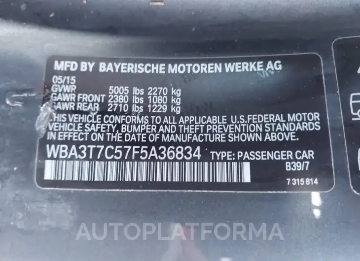 BMW 435I 2015 vin WBA3T7C57F5A36834 from auto auction Iaai