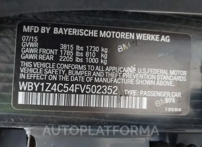 BMW I3 2015 vin WBY1Z4C54FV502352 from auto auction Iaai