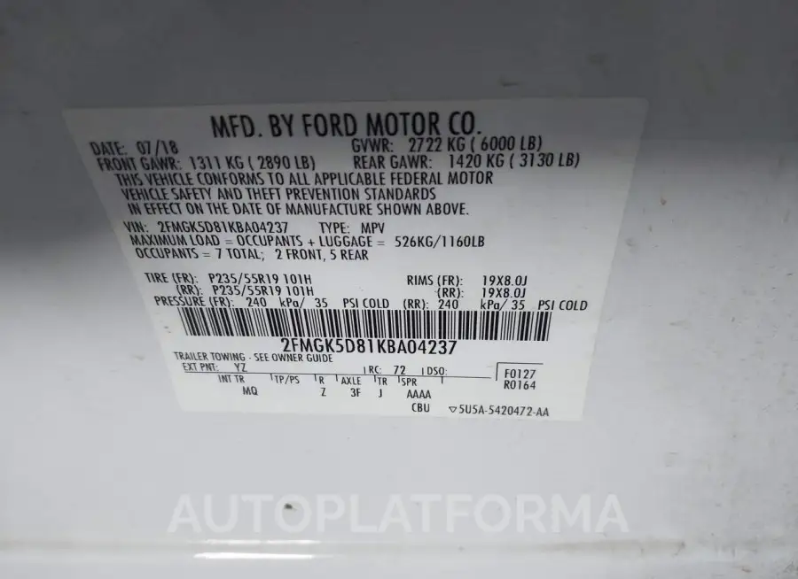 FORD FLEX 2019 vin 2FMGK5D81KBA04237 from auto auction Iaai