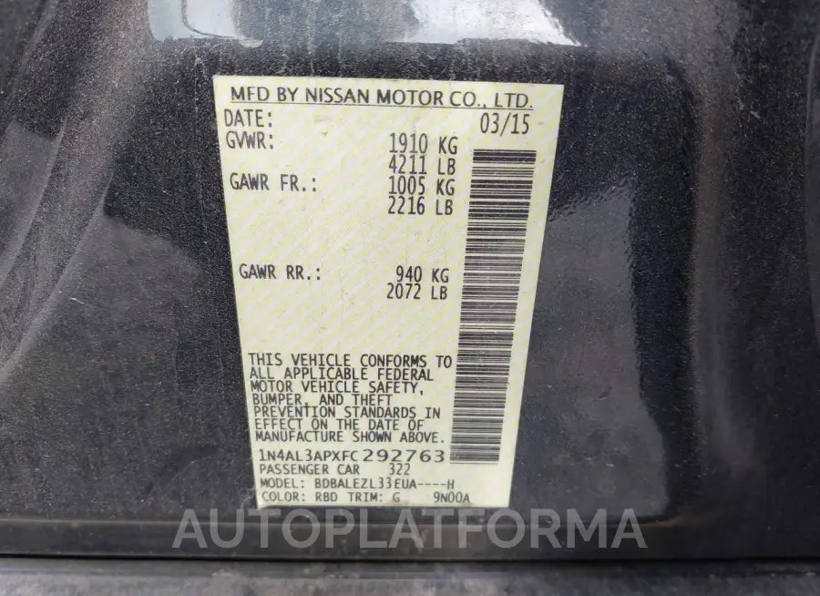 NISSAN ALTIMA 2015 vin 1N4AL3APXFC292763 from auto auction Iaai