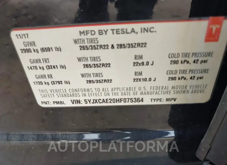 TESLA MODEL X 2017 vin 5YJXCAE20HF075364 from auto auction Iaai