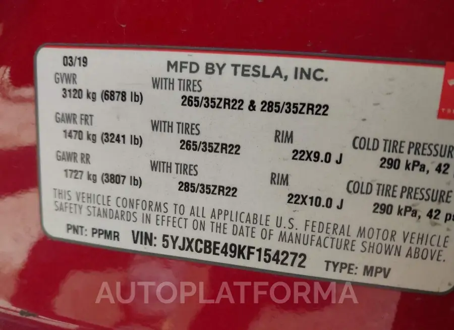 TESLA MODEL X 2019 vin 5YJXCBE49KF154272 from auto auction Iaai