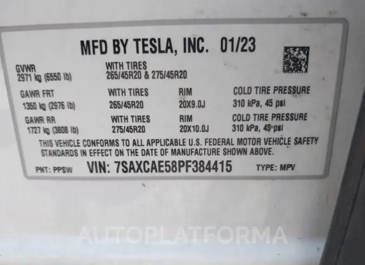 TESLA MODEL X 2023 vin 7SAXCAE58PF384415 from auto auction Iaai