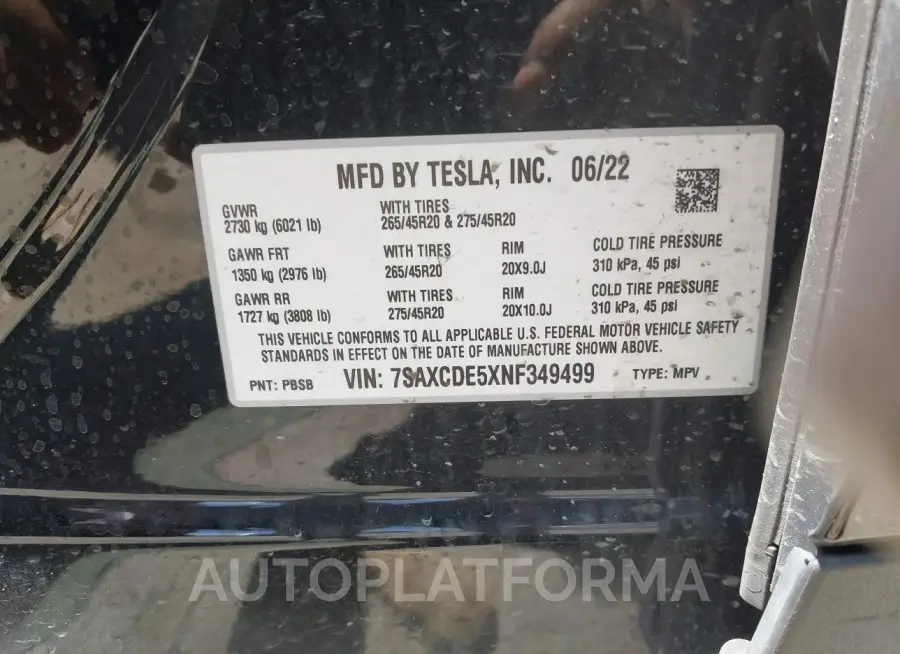 TESLA MODEL X 2022 vin 7SAXCDE5XNF349499 from auto auction Iaai