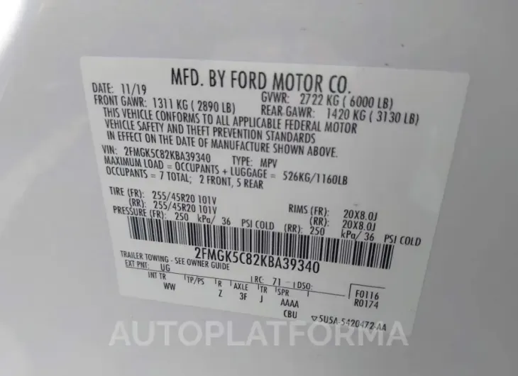 FORD FLEX 2019 vin 2FMGK5C82KBA39340 from auto auction Iaai