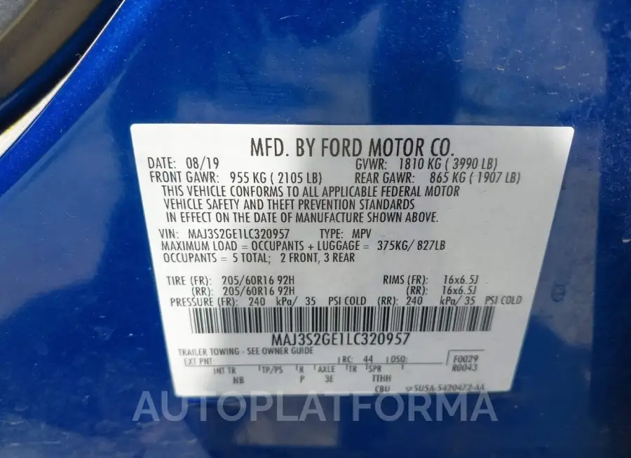 FORD ECOSPORT 2020 vin MAJ3S2GE1LC320957 from auto auction Iaai