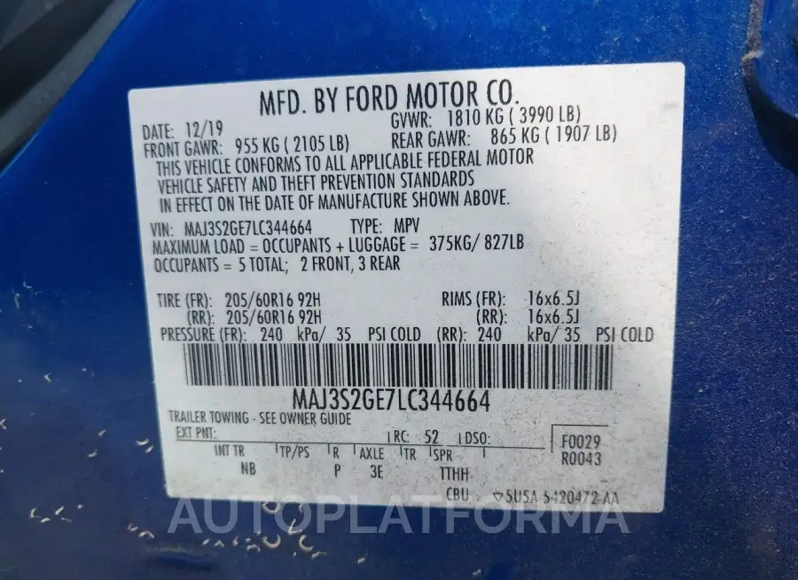 FORD ECOSPORT 2020 vin MAJ3S2GE7LC344664 from auto auction Iaai