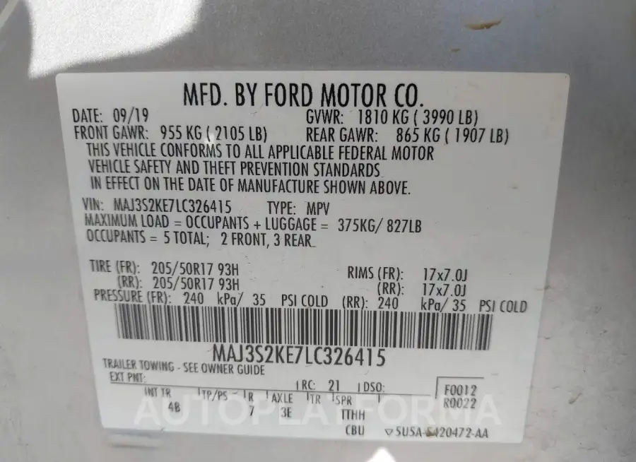 FORD ECOSPORT 2020 vin MAJ3S2KE7LC326415 from auto auction Iaai