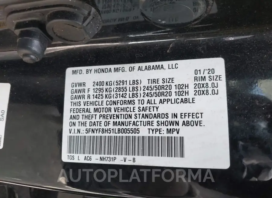 HONDA PASSPORT 2020 vin 5FNYF8H51LB005505 from auto auction Iaai