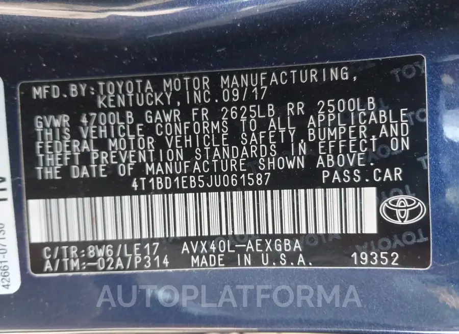 TOYOTA AVALON HYBRID 2018 vin 4T1BD1EB5JU061587 from auto auction Iaai