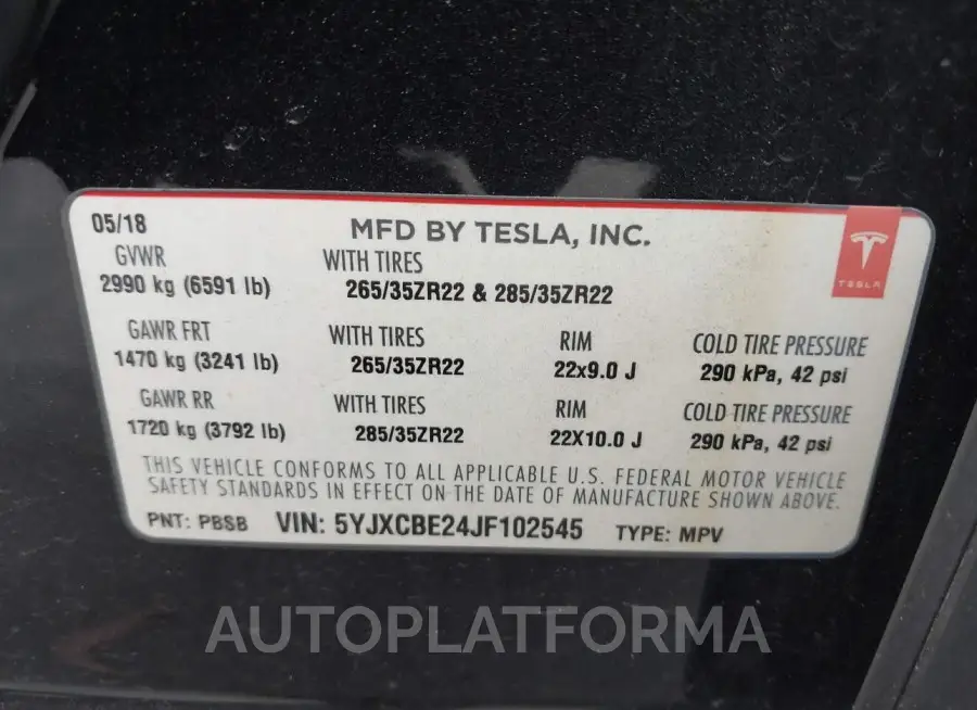 TESLA MODEL X 2018 vin 5YJXCBE24JF102545 from auto auction Iaai