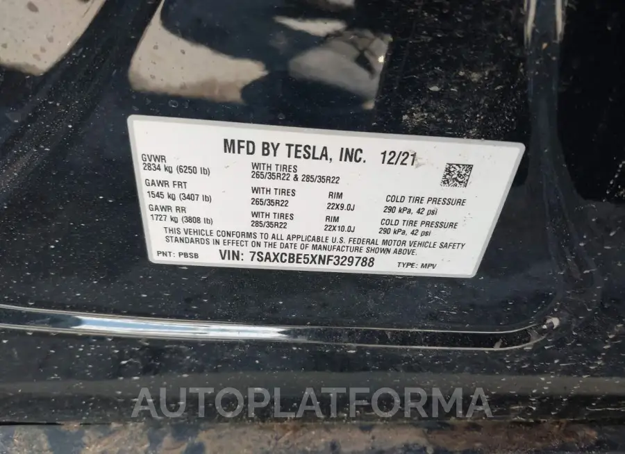 TESLA MODEL X 2022 vin 7SAXCBE5XNF329788 from auto auction Iaai