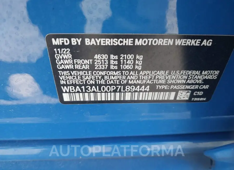 BMW M235 GRAN COUPE 2023 vin WBA13AL00P7L89444 from auto auction Iaai