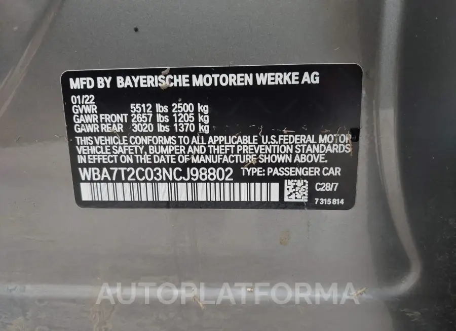 BMW 740 2022 vin WBA7T2C03NCJ98802 from auto auction Iaai