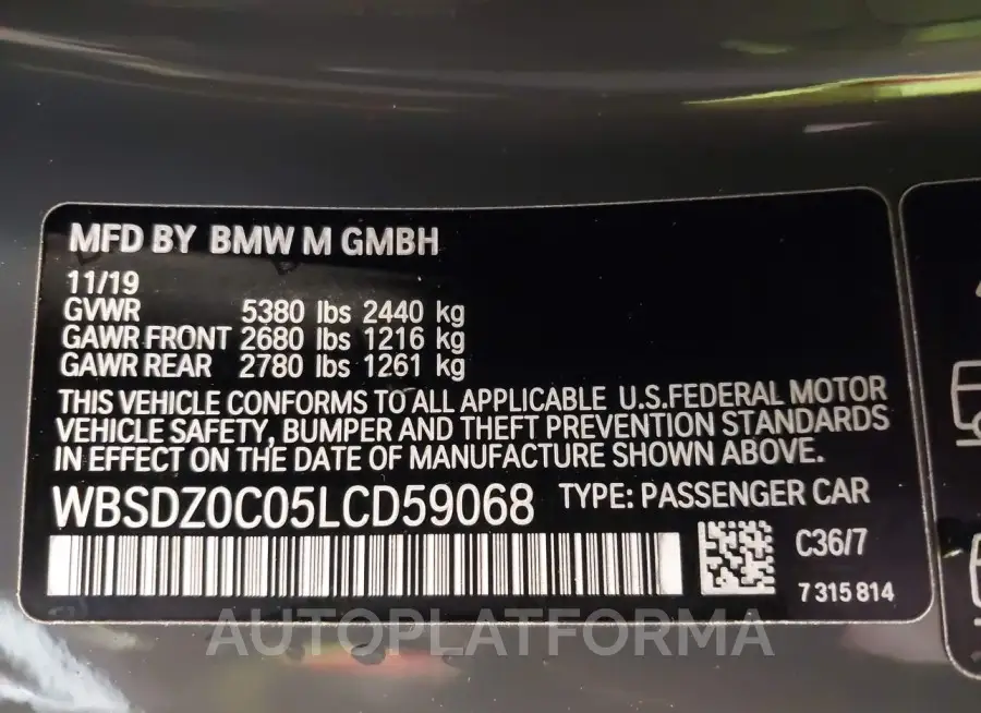 BMW M8 2020 vin WBSDZ0C05LCD59068 from auto auction Iaai