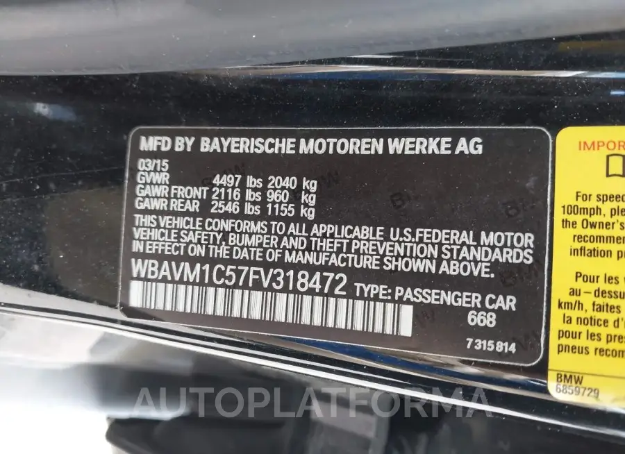 BMW X1 2015 vin WBAVM1C57FV318472 from auto auction Iaai