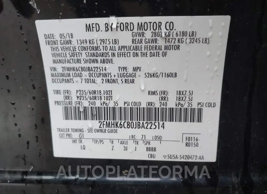 FORD FLEX 2018 vin 2FMHK6C80JBA22514 from auto auction Iaai