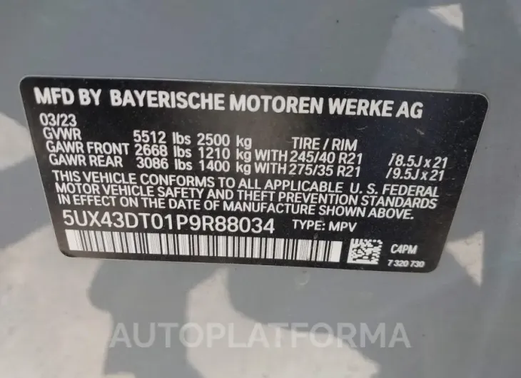 BMW X4 2023 vin 5UX43DT01P9R88034 from auto auction Iaai