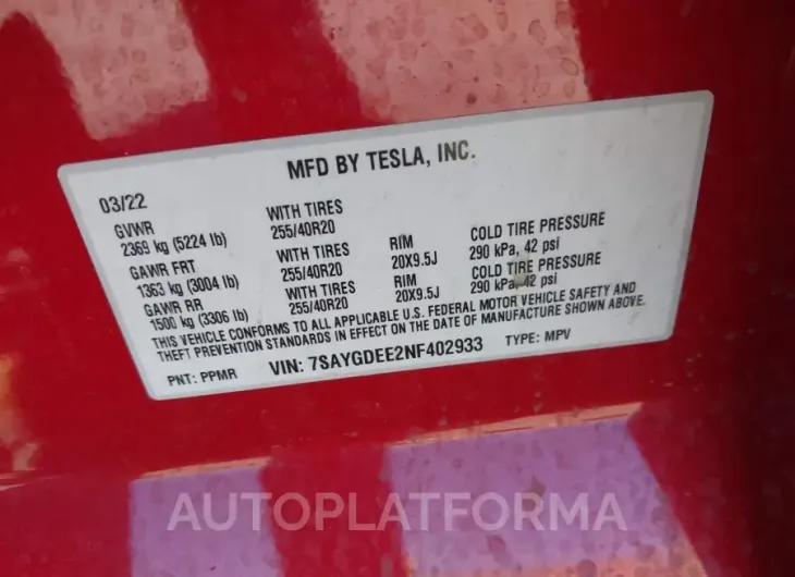 TESLA MODEL Y 2022 vin 7SAYGDEE2NF402933 from auto auction Iaai